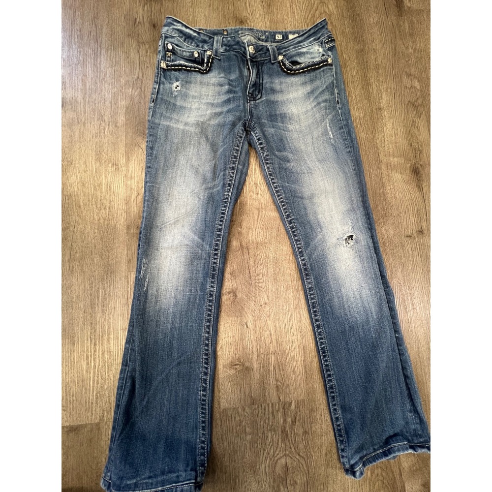 Miss Me Easy Boot Distressed Embellished Jeans JE5087E6X Blue 32x35
